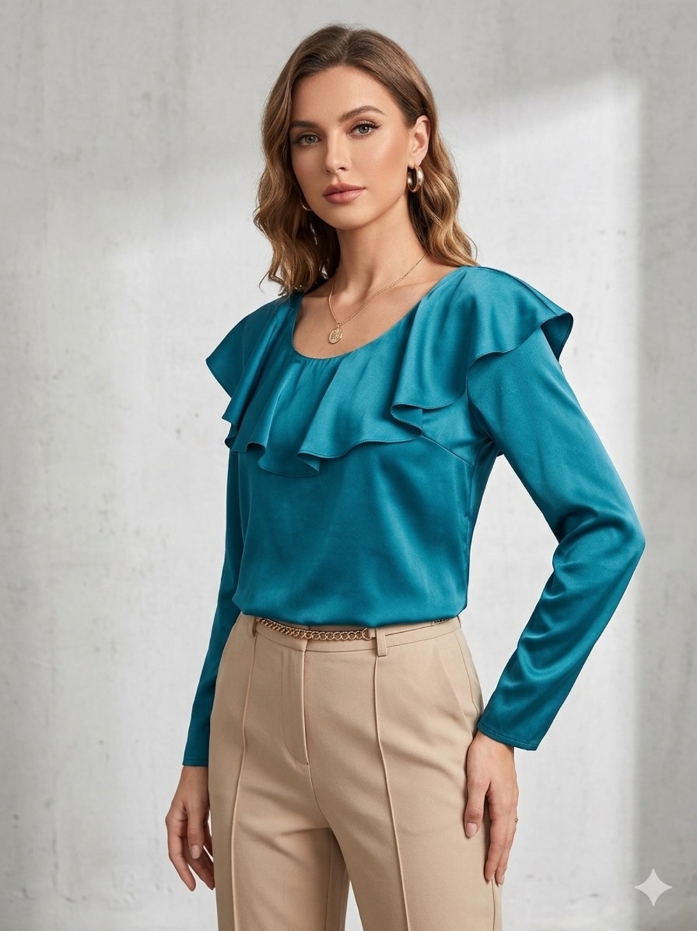 Finley Teal Ruffle-Neck Long Sleeve Top
